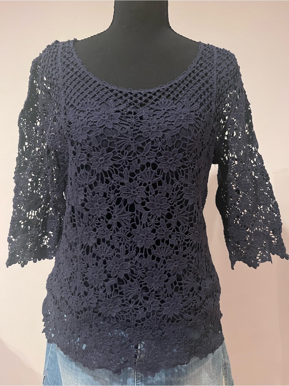 Christopher Banks Navy Crochet Floral Lace Blouse